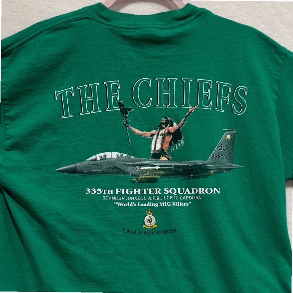 Vintage USAF 335th Fighter Squadron Chiefs F-15E T-Shirt Green Large Y2K Pilot